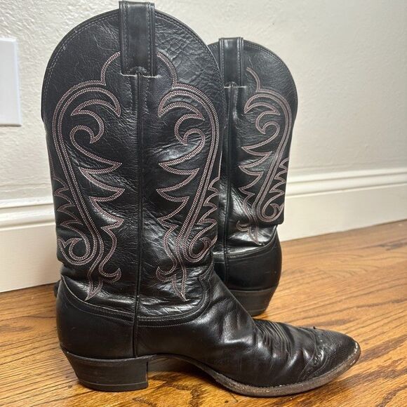 Vintage Justin Boots 11B Black Leather Cowboy Western Boots Style 5540 80s - Picture 4 of 12